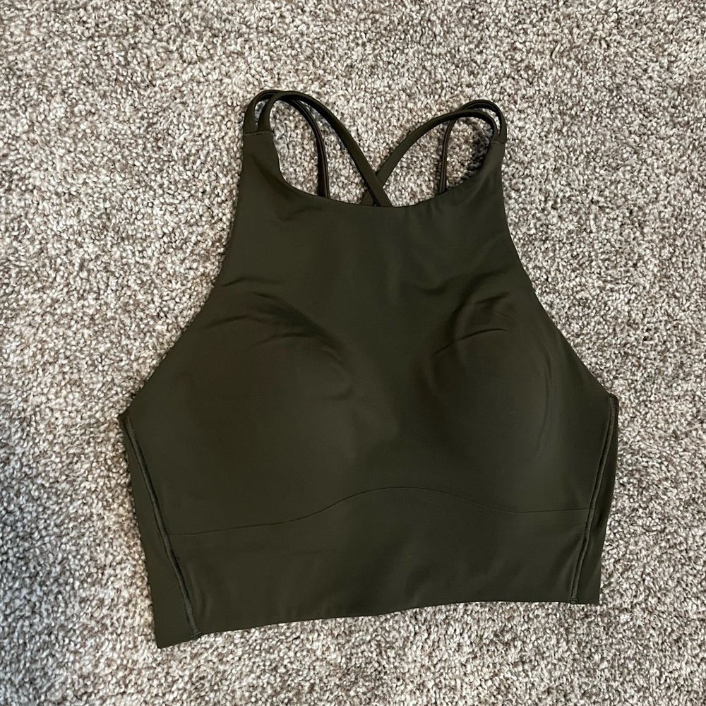 lululemon high neck like a cloud bra, dark olive, size 6